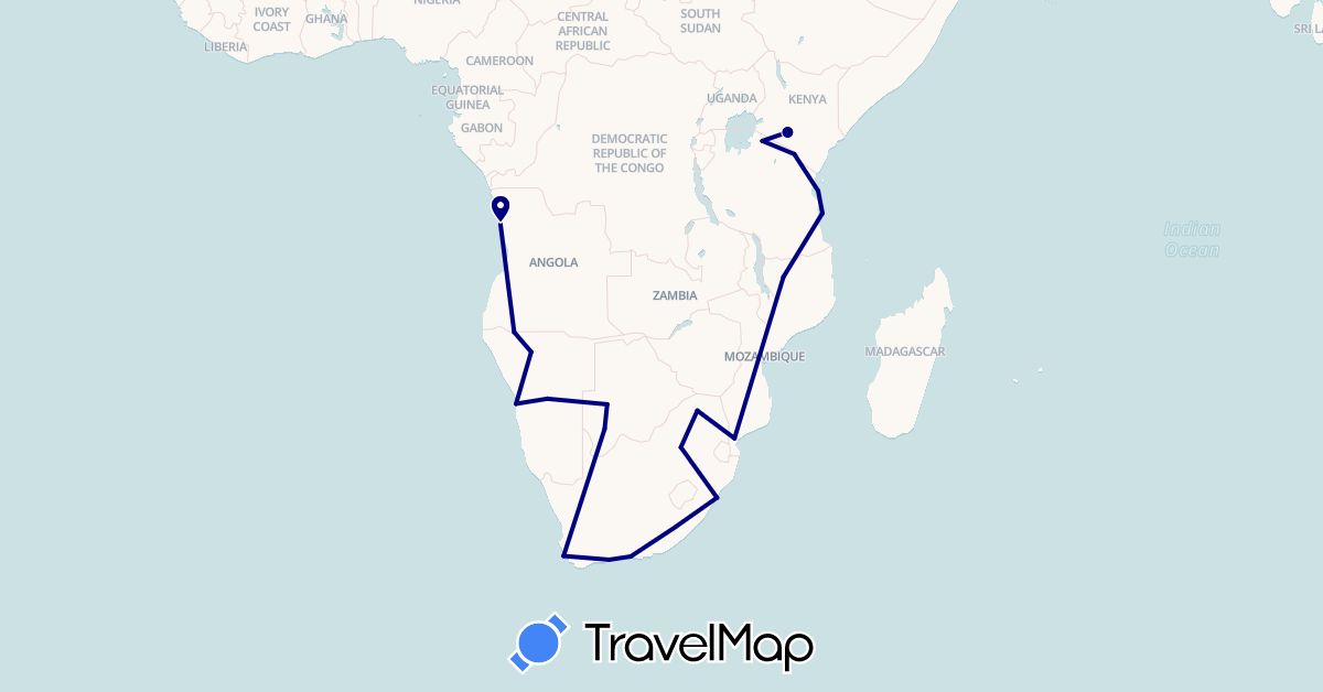 TravelMap itinerary: driving in Angola, Botswana, Kenya, Mozambique, Namibia, Tanzania, South Africa (Africa)